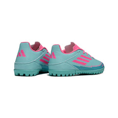 Chuteira Society TF Adidas F50 Club Messi Azul-Clara e Rosa