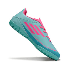 Chuteira Society TF Adidas F50 Club Messi Azul-Clara e Rosa