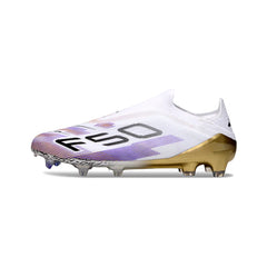 Chuteira Campo FG Adidas F50 Elite Sem Cadarço Branca, Roxa e Dourada