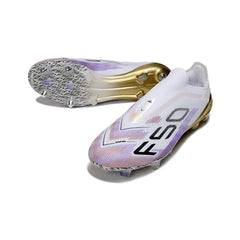 Chuteira Campo FG Adidas F50 Elite Sem Cadarço Branca, Roxa e Dourada