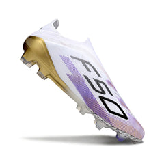 Chuteira Campo FG Adidas F50 Elite Sem Cadarço Branca, Roxa e Dourada