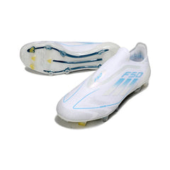 Chuteira Campo FG Adidas F50 Elite Sem Cadarço Branca e Azul-Clara
