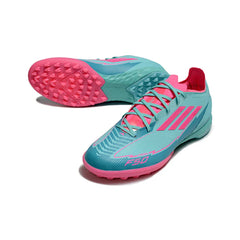 Chuteira Society TF Adidas F50 Elite Azul-Clara e Rosa