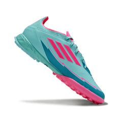 Chuteira Society TF Adidas F50 Elite Azul-Clara e Rosa