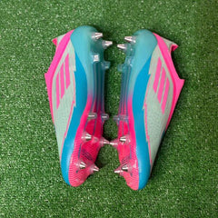 Chuteira Campo Molhado SG Adidas F50 Primeknit Elite Azul Claro e Rosa - Tamanho 44,5 EUR