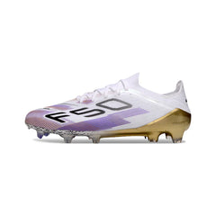 Chuteira Campo FG Adidas F50 Primeknit Elite Branca, Roxa e Dourada