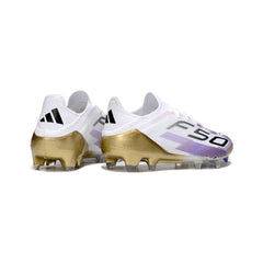 Chuteira Campo FG Adidas F50 Primeknit Elite Branca, Roxa e Dourada