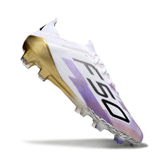 Chuteira Campo FG Adidas F50 Primeknit Elite Branca, Roxa e Dourada