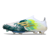 Chuteira Campo Adidas F50+ Elite Sem Cadarço FG Branco e Verde Mo Salah Pack