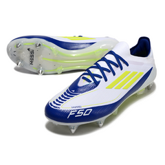 Chuteira Campo Molhado SG Adidas F50 Primeknit Elite Branca, Azul e Amarela Messi