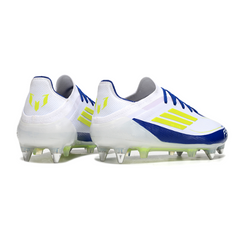 Chuteira Campo Molhado SG Adidas F50 Primeknit Elite Branca, Azul e Amarela Messi