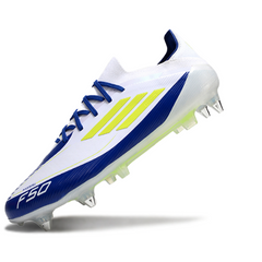 Chuteira Campo Molhado SG Adidas F50 Primeknit Elite Branca, Azul e Amarela Messi