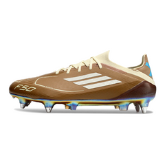 Chuteira Campo Adidas F50 Primeknit Elite SG Trava Mista Messi Marrom e Azul Claro