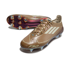Chuteira Campo Adidas F50 Primeknit Elite SG Trava Mista Messi Marrom e Azul Claro
