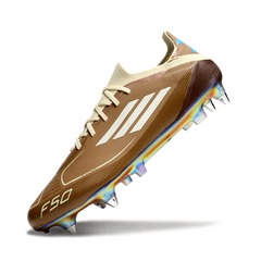 Chuteira Campo Adidas F50 Primeknit Elite SG Trava Mista Messi Marrom e Azul Claro