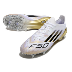 Chuteira Campo Adidas F50 Elite SG Trava Mista Branca e Dourada