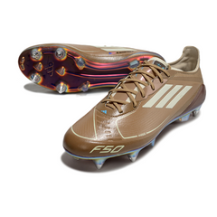 Chuteira Campo Adidas F50 Elite SG Trava Mista Messi Marrom, Branco e Azul Claro