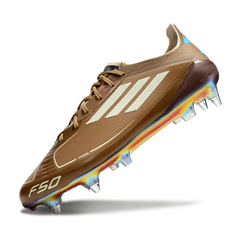 Chuteira Campo Adidas F50 Elite SG Trava Mista Messi Marrom, Branco e Azul Claro