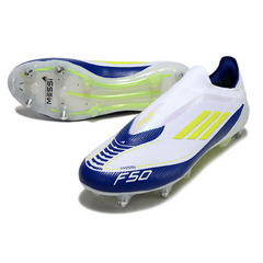 Chuteira Campo Adidas F50 Elite Sem Cadarço SG Trava Mista Messi Branco, Azul e Verde