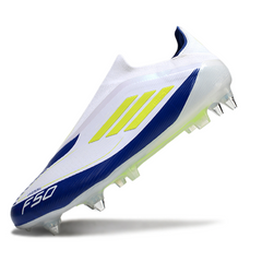 Chuteira Campo Adidas F50 Elite Sem Cadarço SG Trava Mista Messi Branco, Azul e Verde