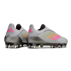 Chuteira Campo Molhado SG Adidas F50 Elite Sem Cadarço Cinza, Rosa e Amarela