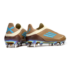 Chuteira Campo Adidas F50 Elite Sem Cadarço SG Trava Mista Messi Marrom e Azul Claro