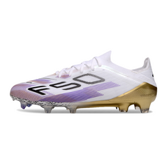 Chuteira Campo Adidas F50 Primeknit Elite FG Branca, Roxa e Dourada