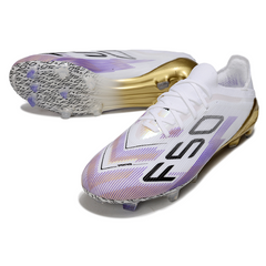 Chuteira Campo Adidas F50 Primeknit Elite FG Branca, Roxa e Dourada