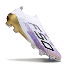 Chuteira Campo Adidas F50 Elite Sem Cadarço FG Branca, Roxa e Dourada