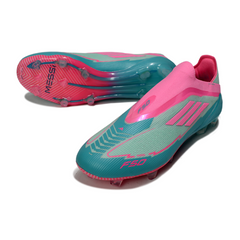 Botas de fútbol Adidas F50 Elite Laceless FG azul claro y rosa Messi