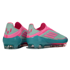 Botas de fútbol Adidas F50 Elite Laceless FG azul claro y rosa Messi