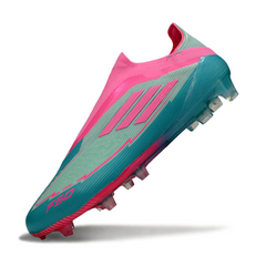 Botas de fútbol Adidas F50 Elite Laceless FG azul claro y rosa Messi