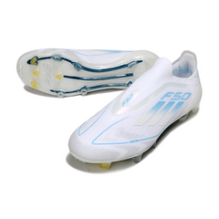 Chuteira Campo Adidas F50 Elite Sem Cadarço FG Branca e Azul Claro