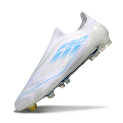 Chuteira Campo Adidas F50 Elite Sem Cadarço FG Branca e Azul Claro