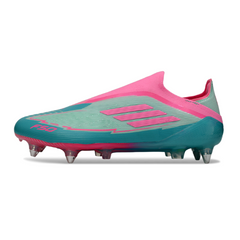 Chuteira Campo Molhado SG Adidas F50 Elite Sem Cadarço Azul-Clara e Rosa
