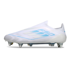 Chuteira Campo Adidas F50 Elite Sem Cadarço SG Trava Mista Branca e Azul Claro