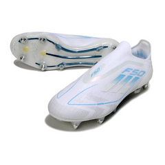Chuteira Campo Adidas F50 Elite Sem Cadarço SG Trava Mista Branca e Azul Claro