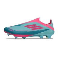 Chuteira Campo Adidas F50+ Elite Sem Cadarço FG Messi Azul Claro e Rosa