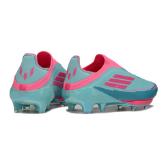 Chuteira Campo Adidas F50+ Elite Sem Cadarço FG Messi Azul Claro e Rosa