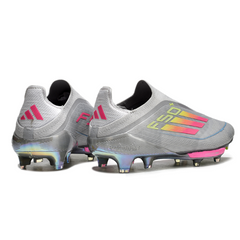 Chuteira Campo FG Adidas F50+ Elite Sem Cadarço Cinza, Rosa e Amarela