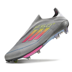 Chuteira Campo FG Adidas F50+ Elite Sem Cadarço Cinza, Rosa e Amarela