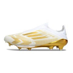 Chuteira Campo FG Adidas F50+ Elite Sem Cadarço Branca e Dourada