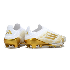 Chuteira Campo FG Adidas F50+ Elite Sem Cadarço Branca e Dourada