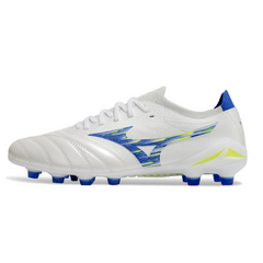 Botas de fútbol Mizuno Morelia Neo IV Elite FG en color blanco, azul y amarillo
