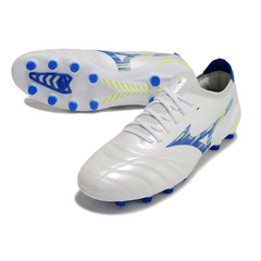 Chuteira Campo FG Mizuno Morelia Neo IV Elite Branca, Azul e Amarela