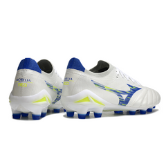 Chuteira Campo FG Mizuno Morelia Neo IV Elite Branca, Azul e Amarela