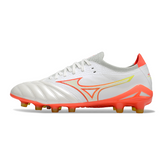 Botas de fútbol Mizuno Morelia Neo IV Elite FG en color blanco, naranja y amarillo