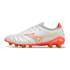 Botas de fútbol Mizuno Morelia Neo IV Elite FG en color blanco, naranja y amarillo
