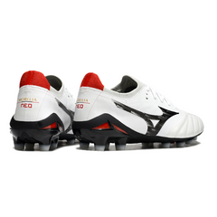 Chuteira Campo FG Mizuno Morelia Neo IV Elite Branca Preta e Vermelha