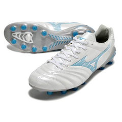 Botas de fútbol Mizuno Morelia Neo IV Pro FG blancas y celestes